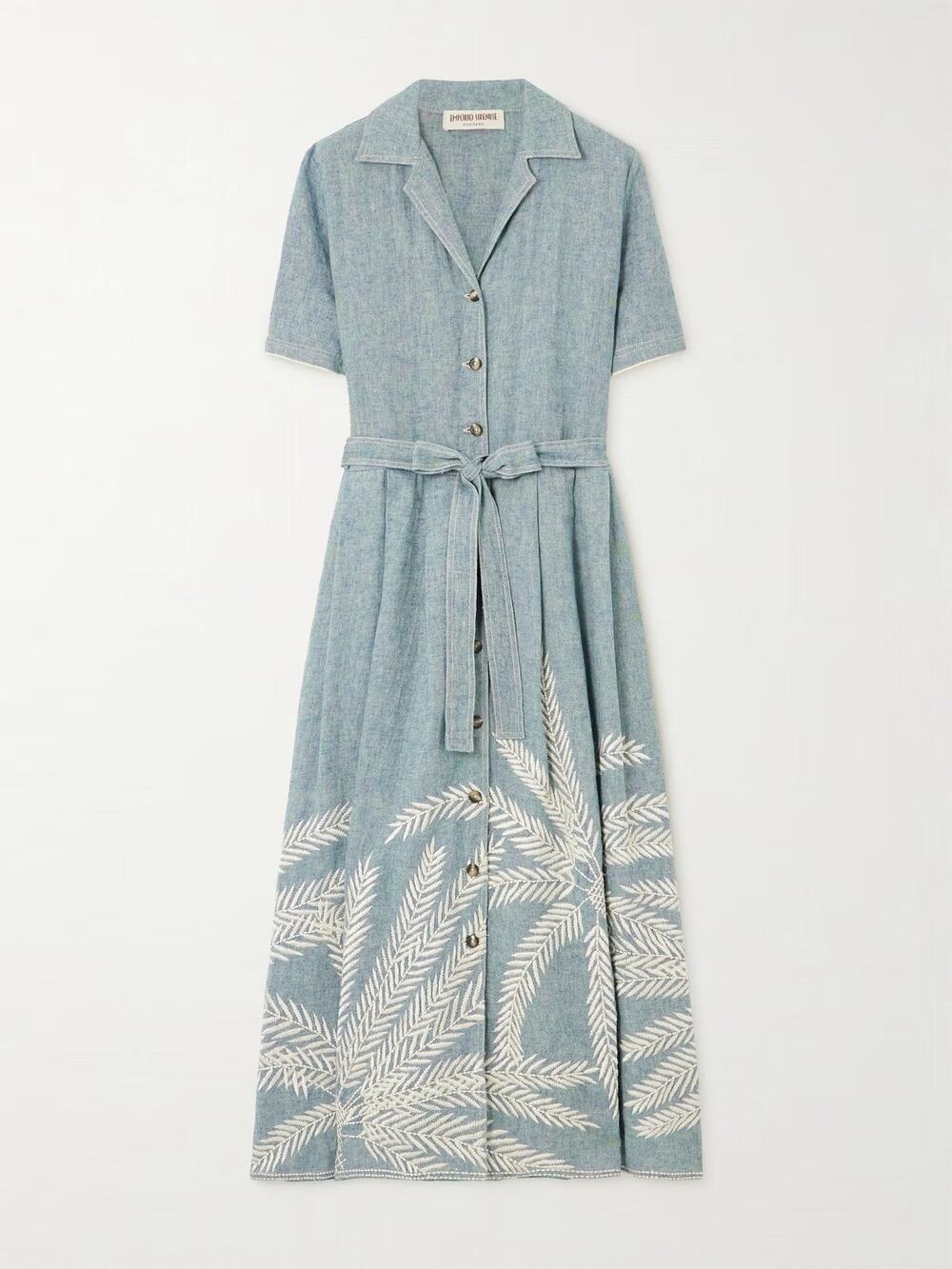 Emporio Sirenuse Claudia Palm Belted Embroidered Midi Dress - US 2